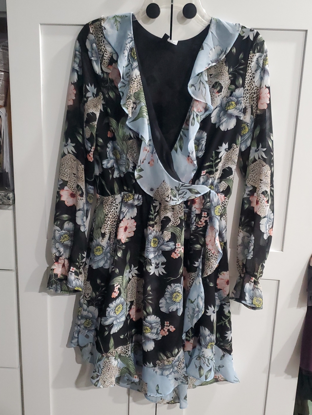 Floral Leopard Print Ruffle Wrap Dress in Black and Blue